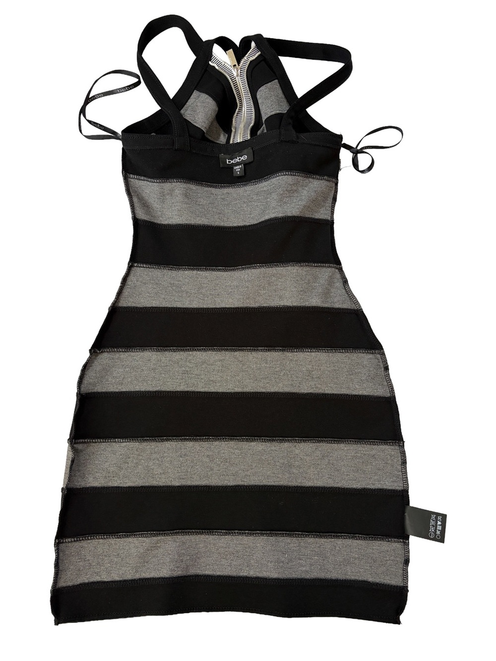 bebe Black & Gray Striped Bodycon Mini Dress Exposed Zipper Size S - Picture 7 of 9